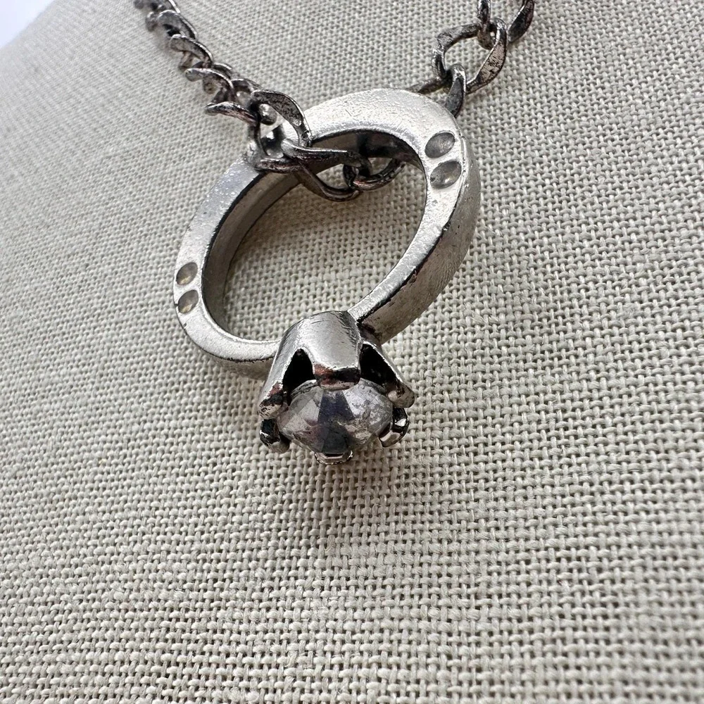 Vintage 90s Clear Rhinestone Ring Pendant Necklace‎ Silver Tone Curb Chain